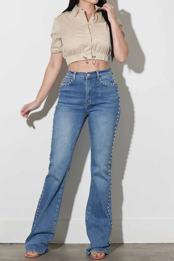 Melivya™ Pearl Trim Flared Denim Jeans