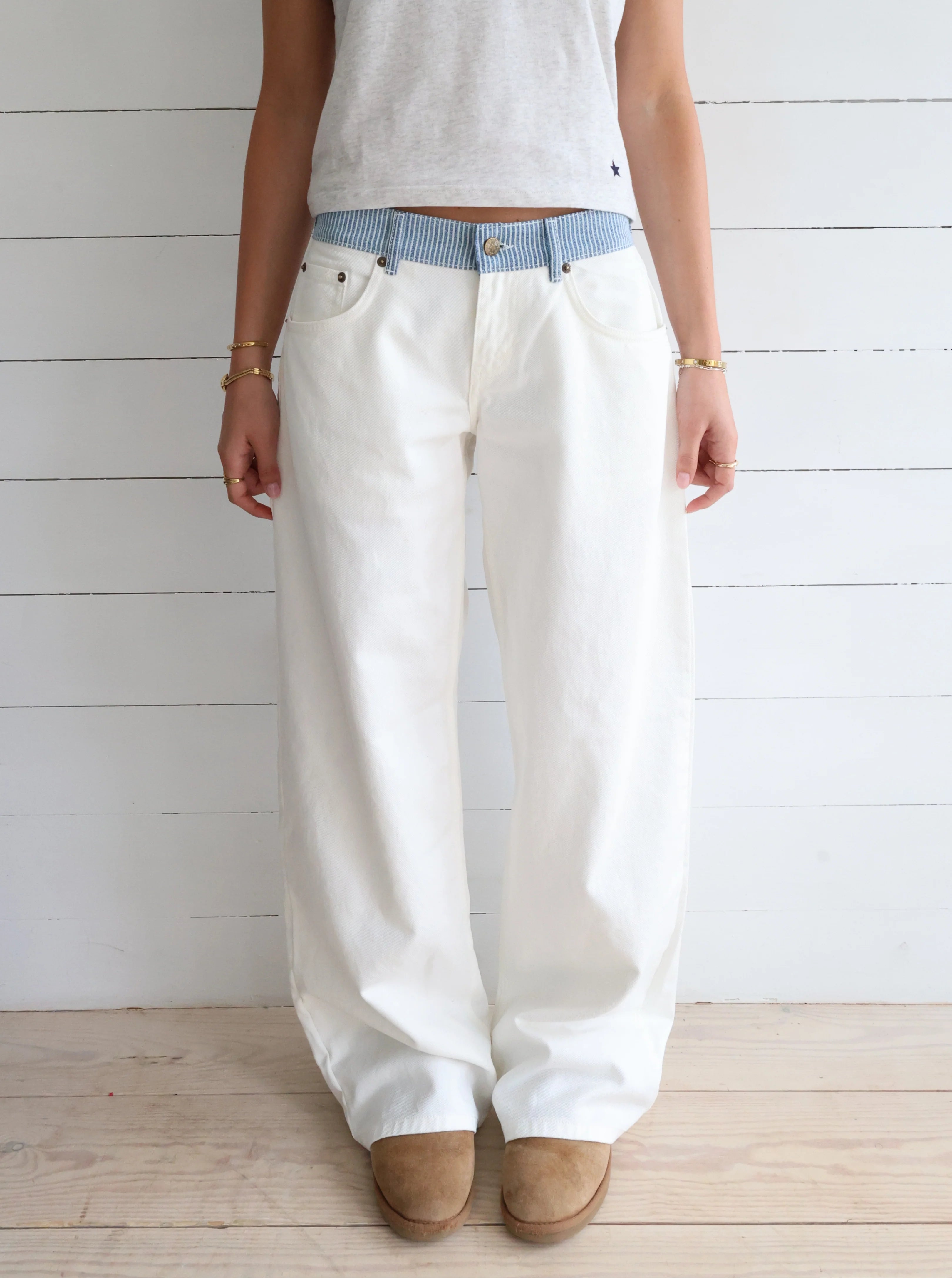 Melivya™ Creamy Stripe-Waist Wide-Leg Jeans