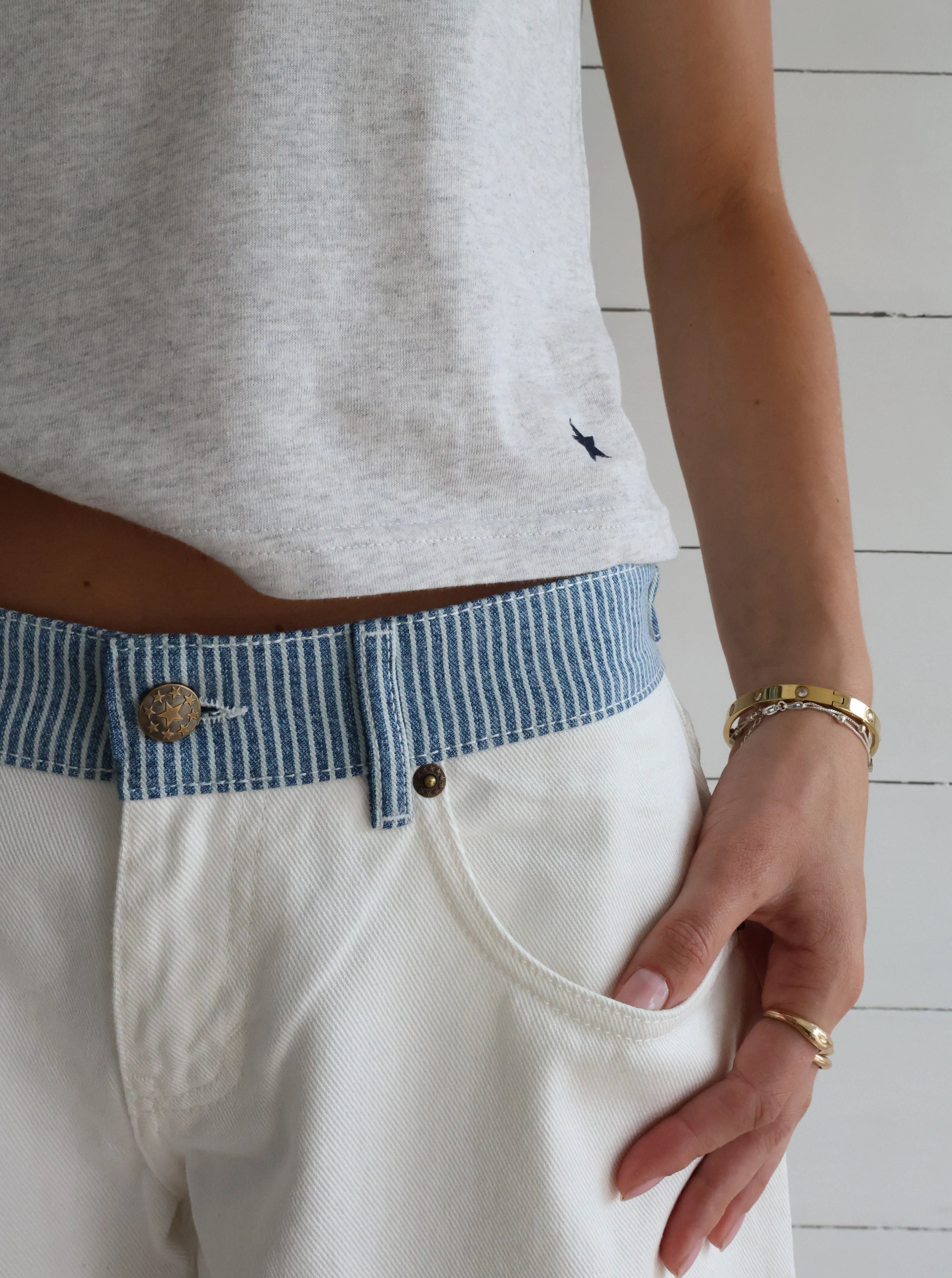 Melivya™ Creamy Stripe-Waist Wide-Leg Jeans