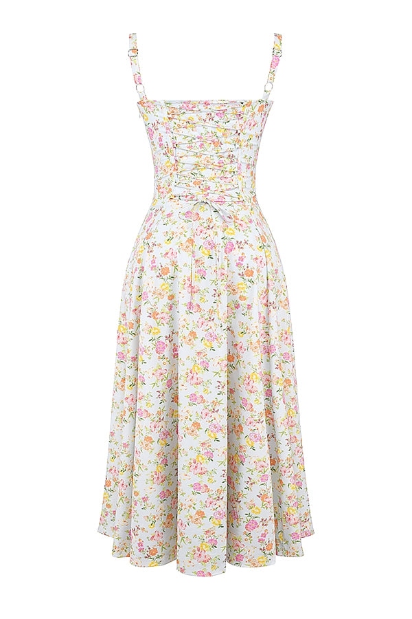 Melivya™ CARMEN PALE BLUE MEADOW PRINT COTTON BUSTIER SUNDRESS - White