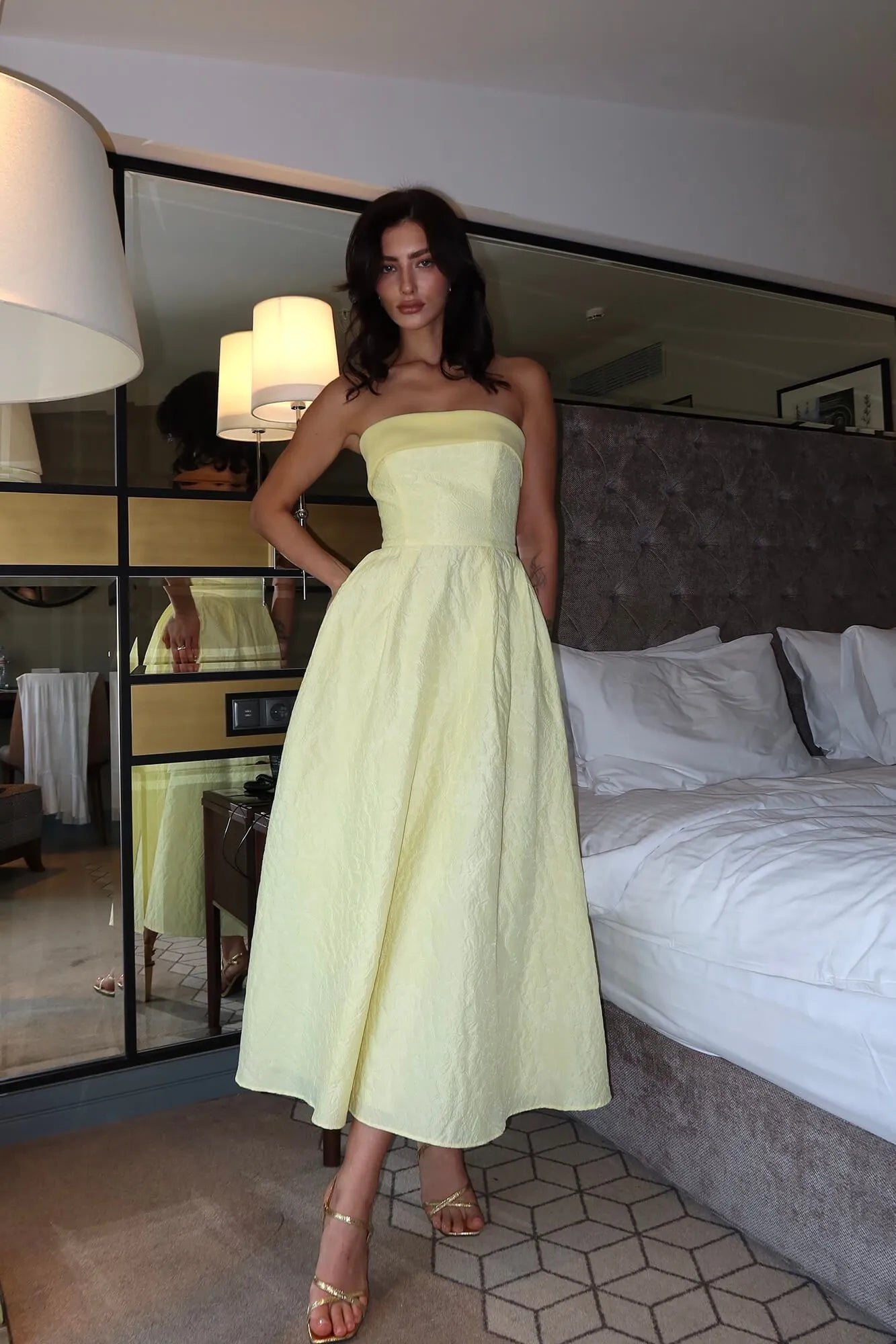 Melivya™ Jacquard Midi Dress with Satin Turn-up
