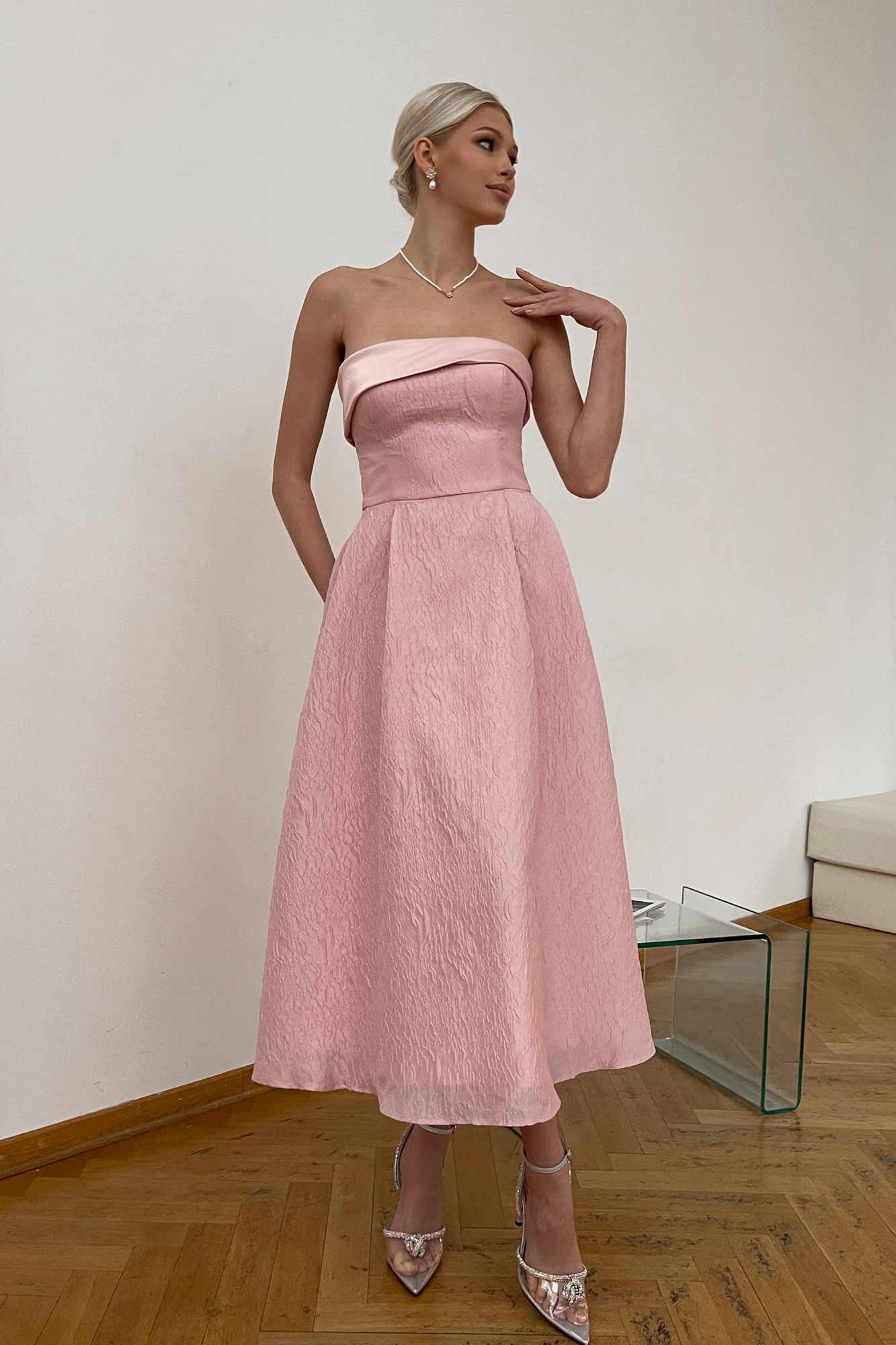 Melivya™ Jacquard Midi Dress with Satin Turn-up