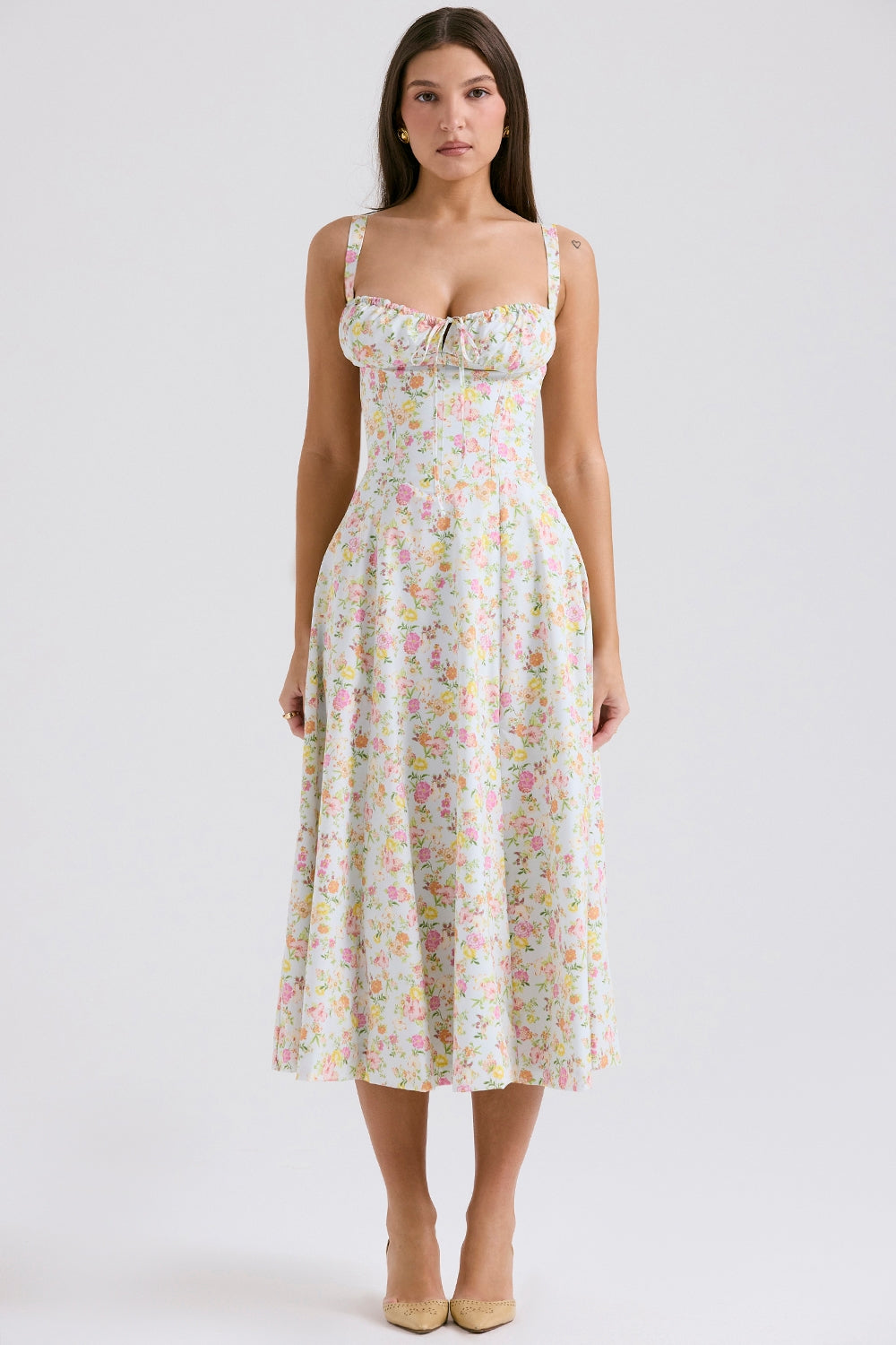 Melivya™ CARMEN PALE BLUE MEADOW PRINT COTTON BUSTIER SUNDRESS - White