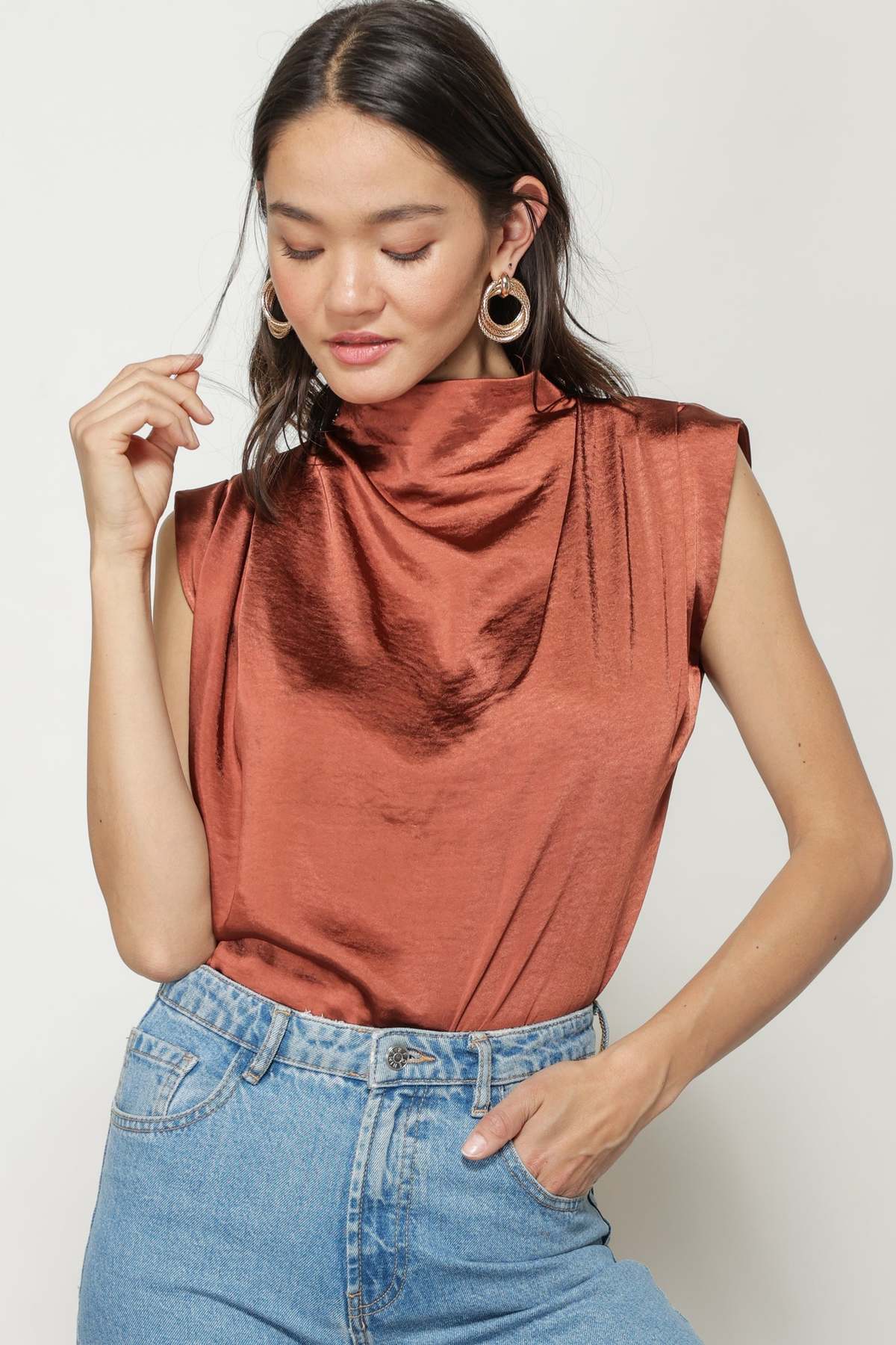 Melivya™ Mustard Satin Mock Neck Top