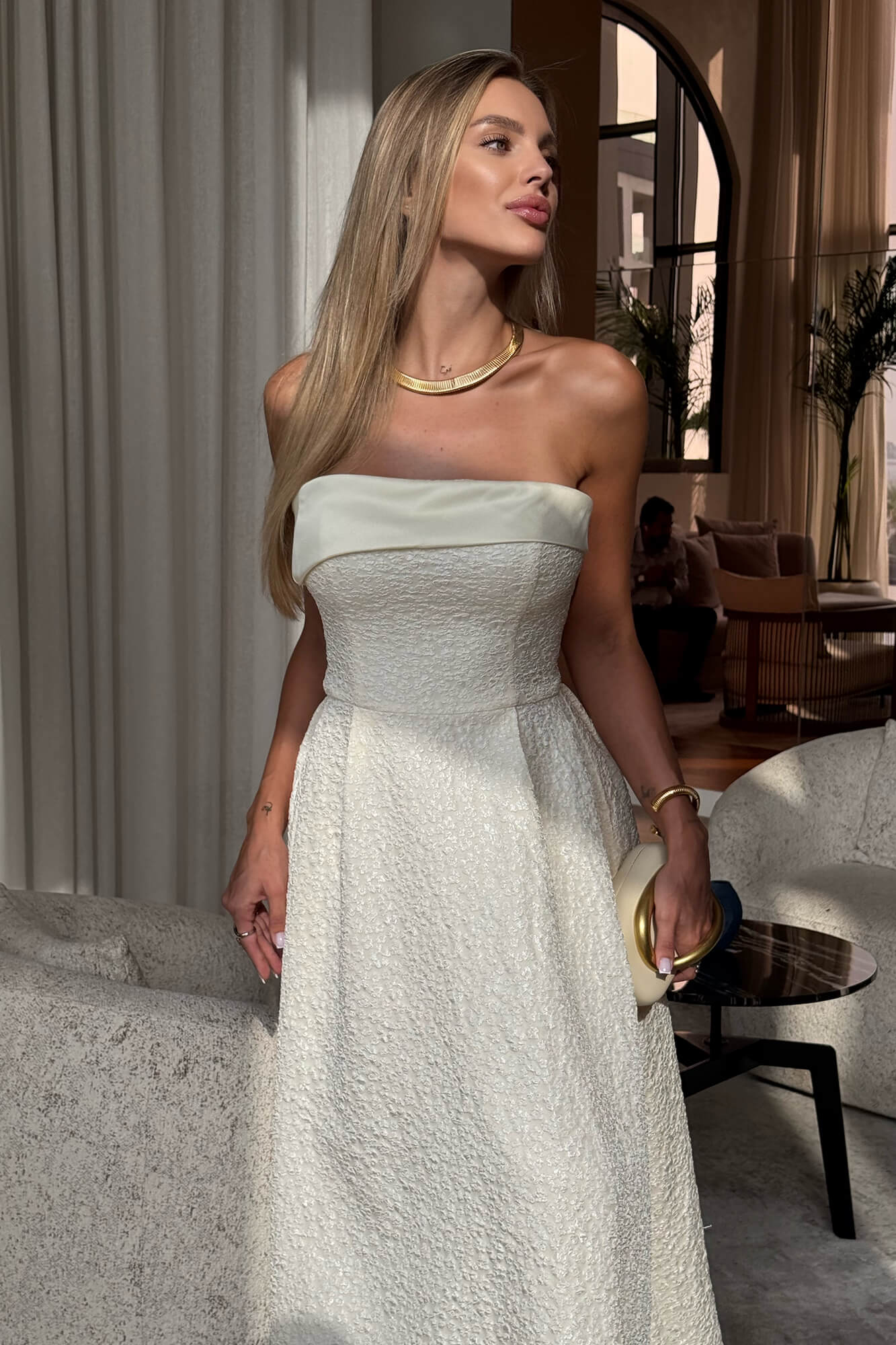 Melivya™ Jacquard Midi Dress with Satin Turn-up