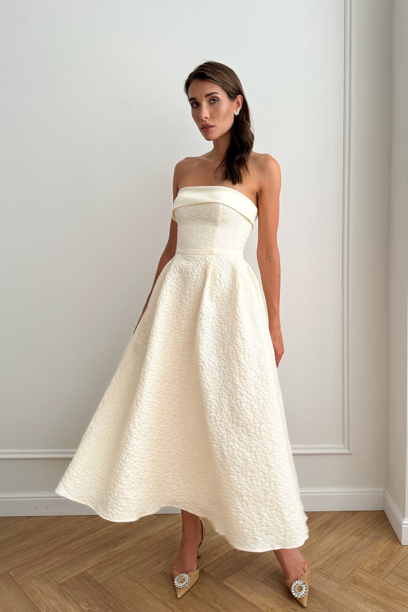 Melivya™ Jacquard Midi Dress with Satin Turn-up