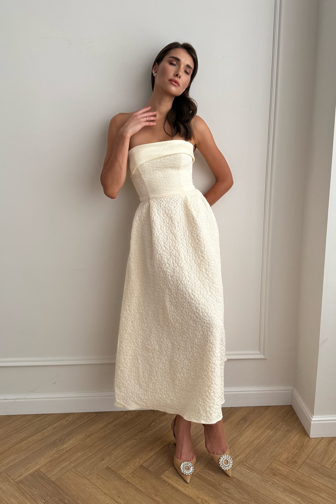 Melivya™ Jacquard Midi Dress with Satin Turn-up