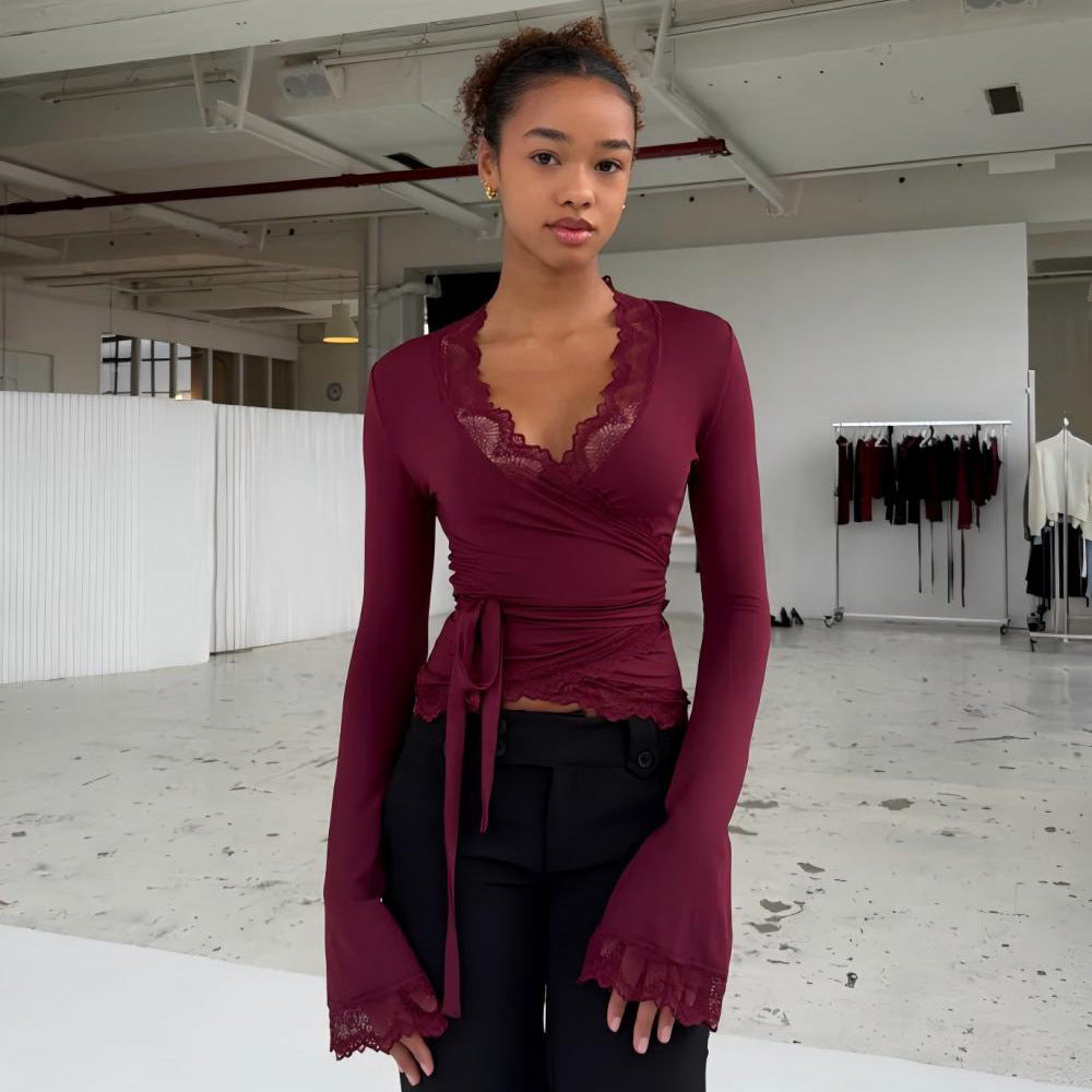 Melivya™ Plum Desire Lace Tie Top