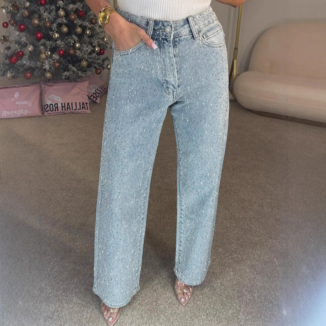 Melivya™ Rhinestone Washed Stretch Straight Jeans