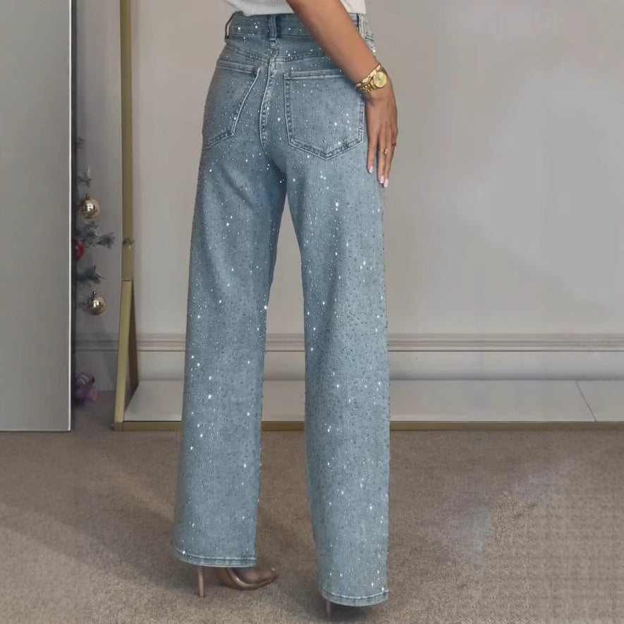 Melivya™ Rhinestone Washed Stretch Straight Jeans
