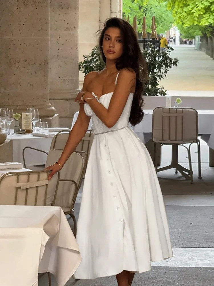 Melivya™ White A-line Elegant Sundress Midi Dress