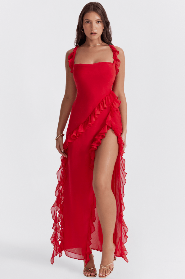 ARIELA CHERRY RUFFLE ASYMMETRIC COCKTAIL DRESS