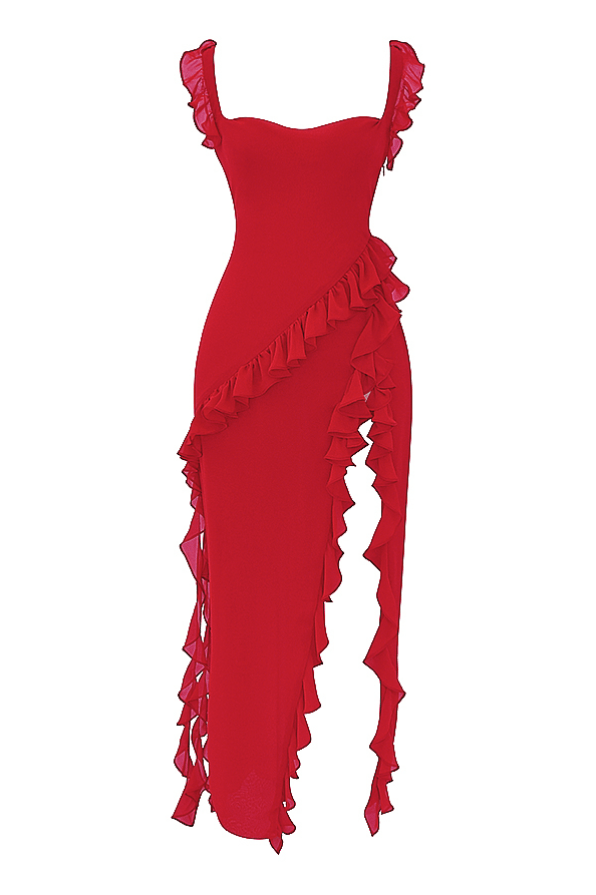 ARIELA CHERRY RUFFLE ASYMMETRIC COCKTAIL DRESS