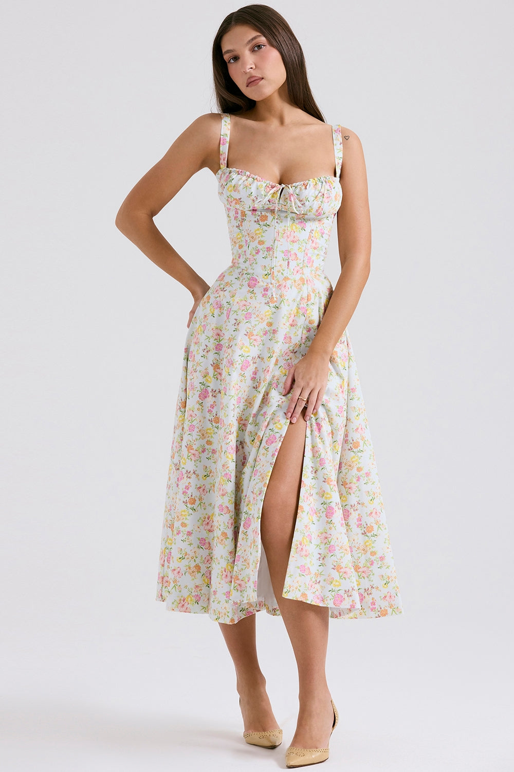 Melivya™ CARMEN PALE BLUE MEADOW PRINT COTTON BUSTIER SUNDRESS - White