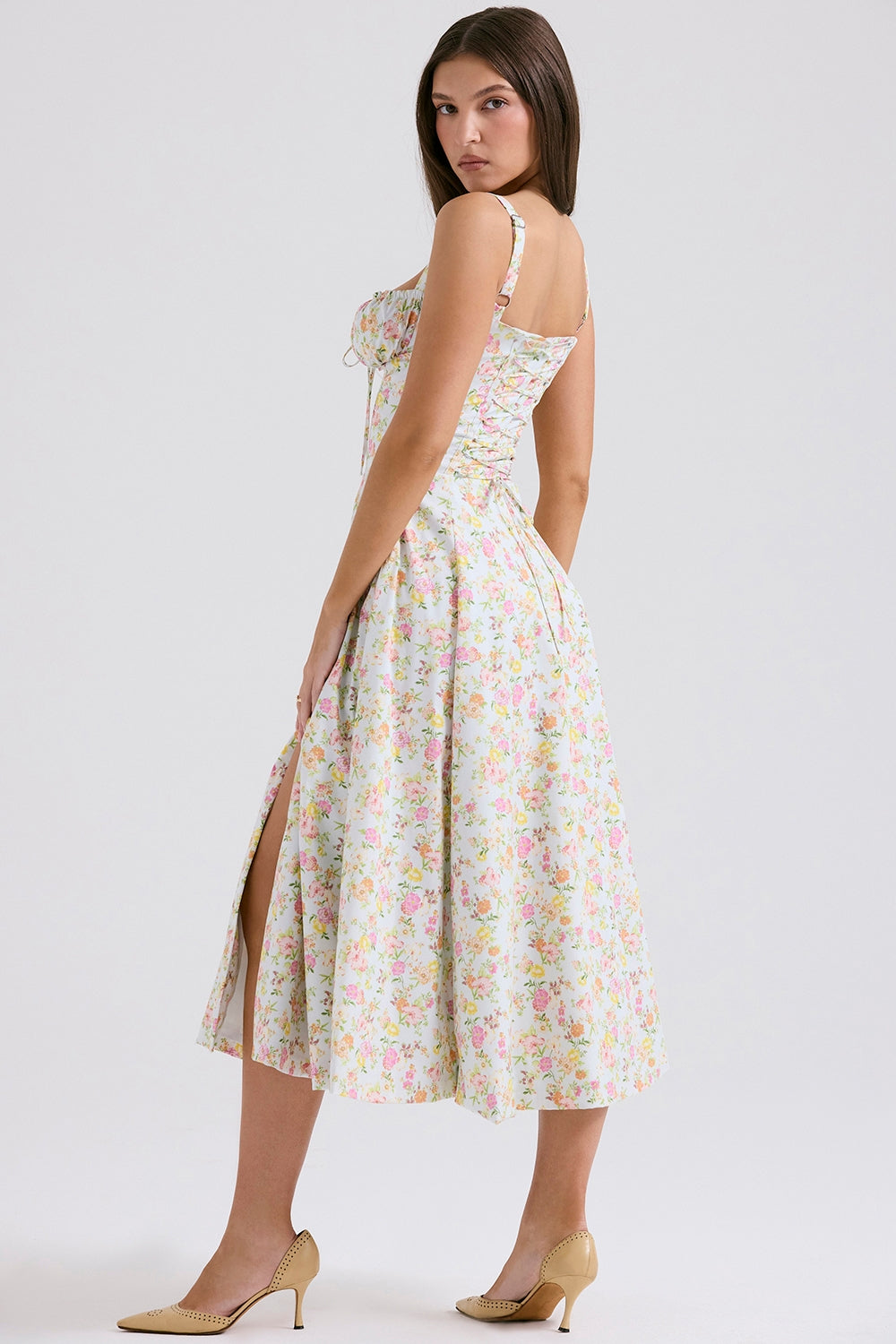 Melivya™ CARMEN PALE BLUE MEADOW PRINT COTTON BUSTIER SUNDRESS - White