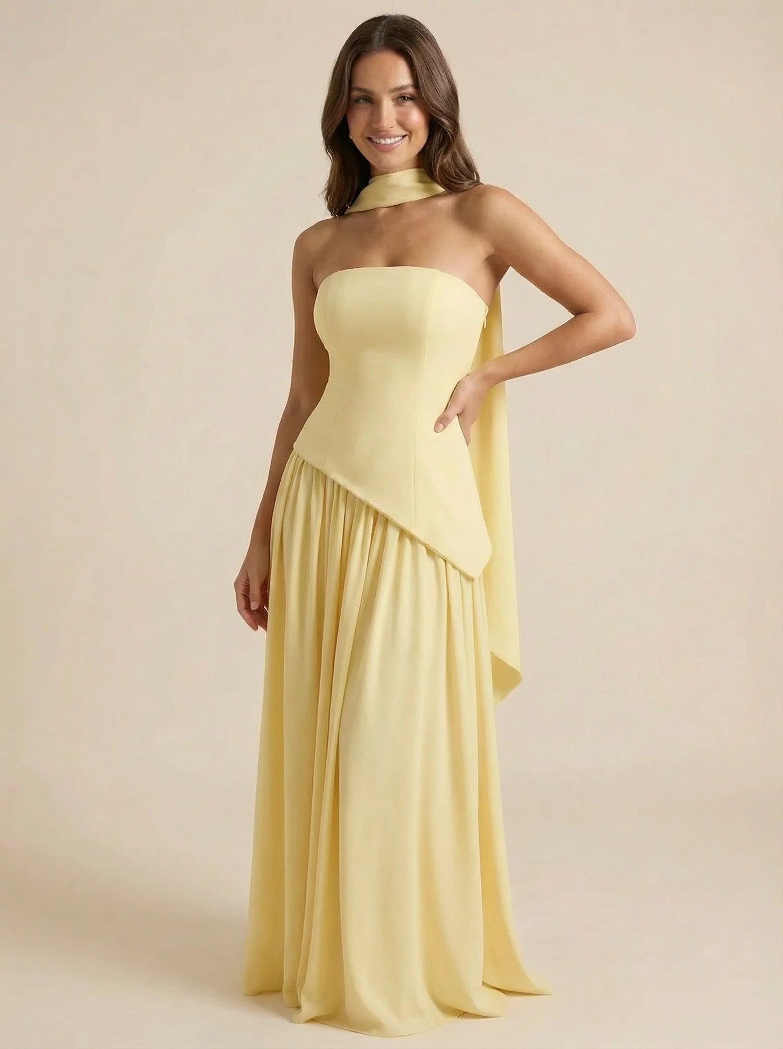 Melivya™ Elegant Strapless Scarf Pleated Maxi Dress