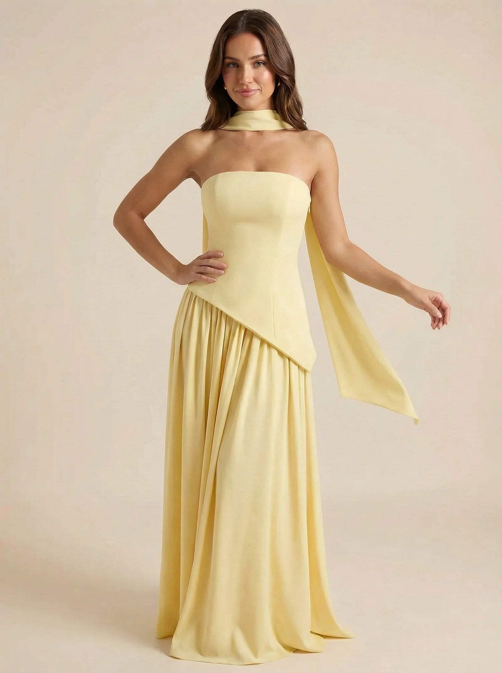 Melivya™ Elegant Strapless Scarf Pleated Maxi Dress