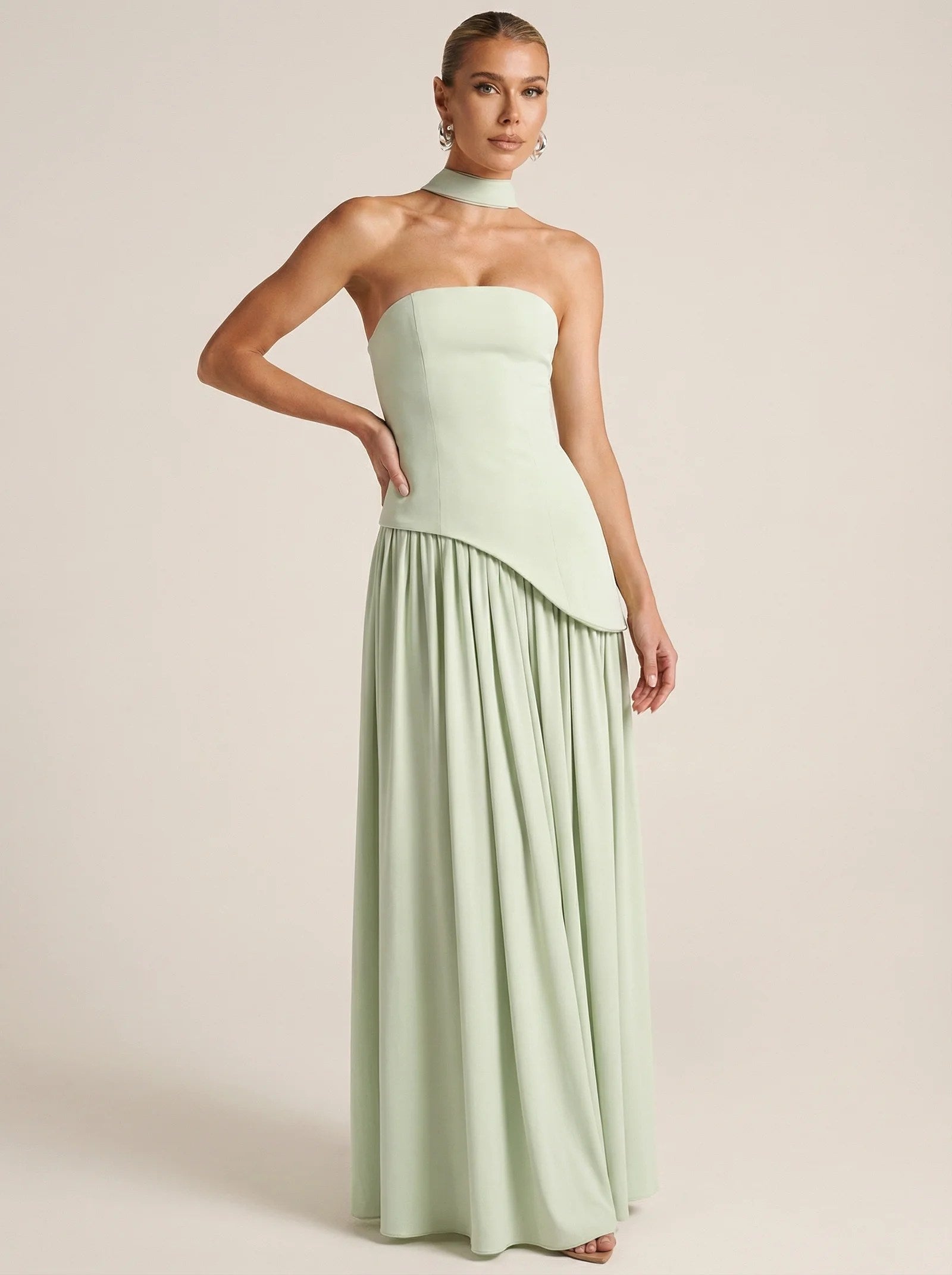 Melivya™ Elegant Strapless Scarf Pleated Maxi Dress