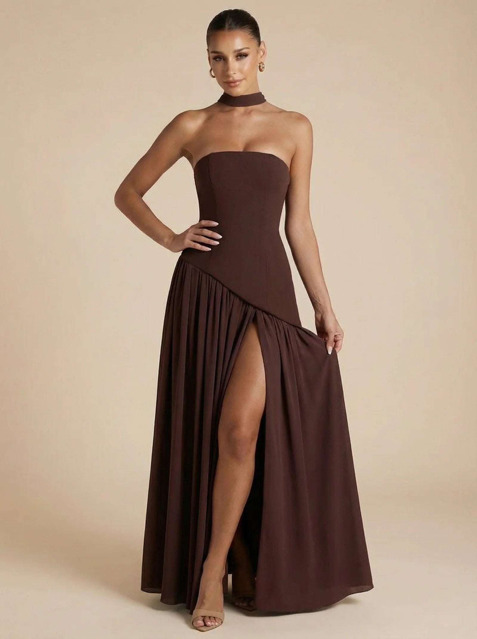 Melivya™ Elegant Strapless Scarf Pleated Maxi Dress