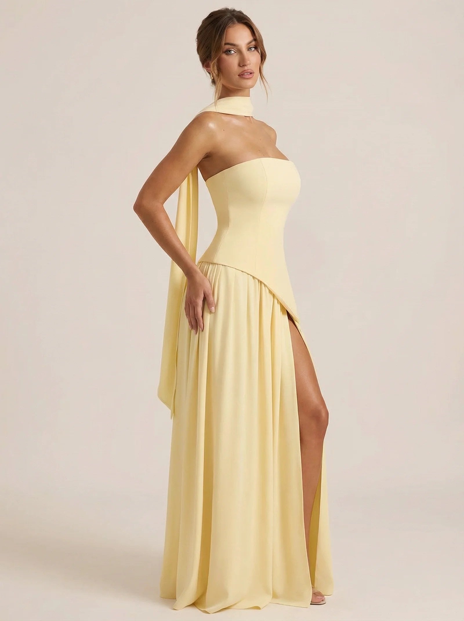 Melivya™ Elegant Strapless Scarf Pleated Maxi Dress