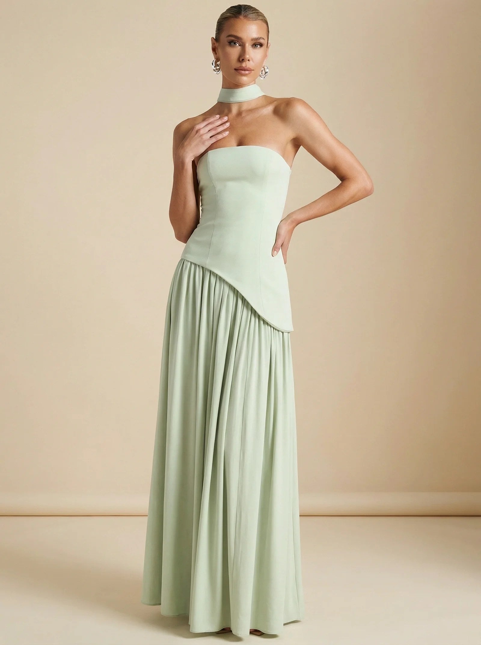 Melivya™ Elegant Strapless Scarf Pleated Maxi Dress