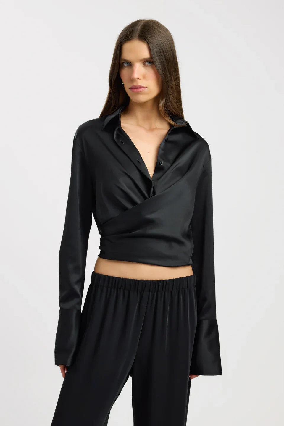 Melivya™ Noir Tie-Waist Satin Blouse