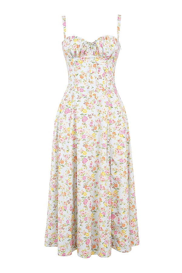 Melivya™ CARMEN PALE BLUE MEADOW PRINT COTTON BUSTIER SUNDRESS - White