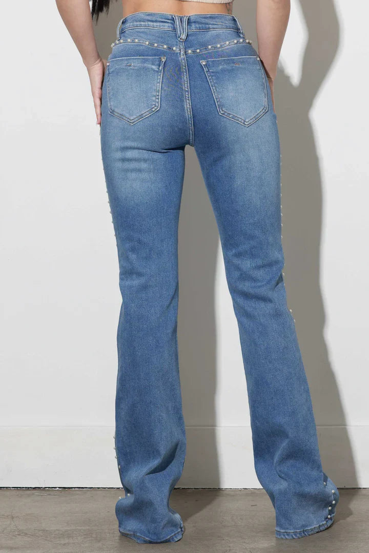 Melivya™ Pearl Trim Flared Denim Jeans