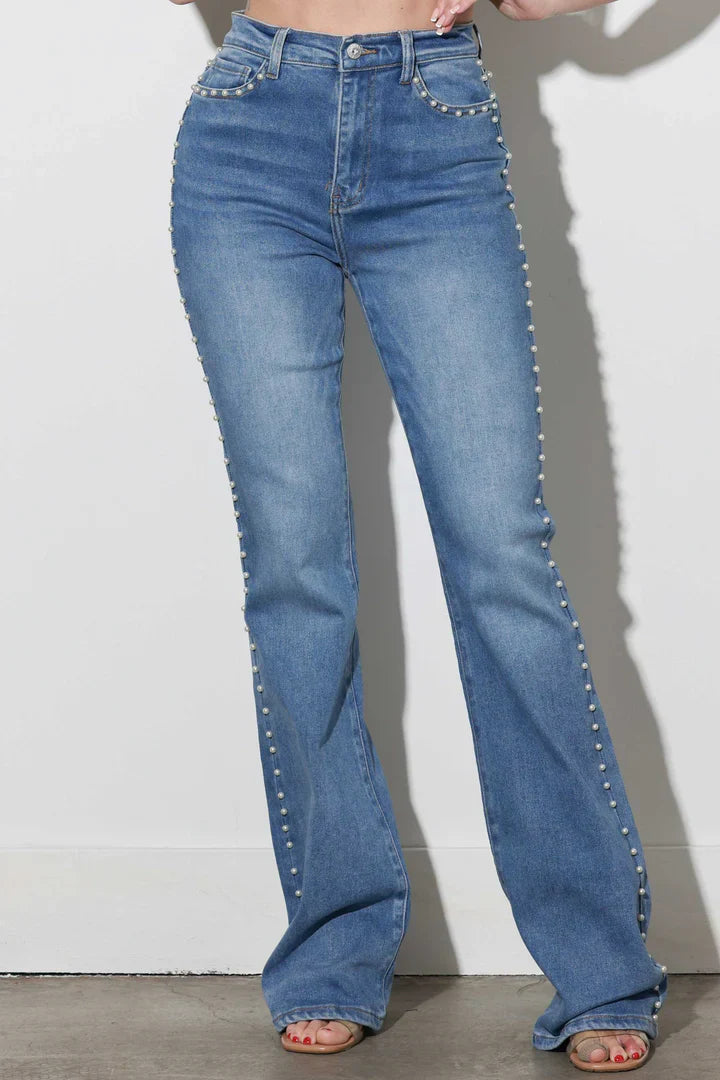 Melivya™ Pearl Trim Flared Denim Jeans