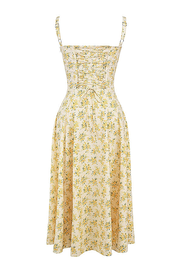 Melivya™ CARMEN BUTTERCUP VINTAGE FLORAL PRINT COTTON BUSTIER SUNDRESS