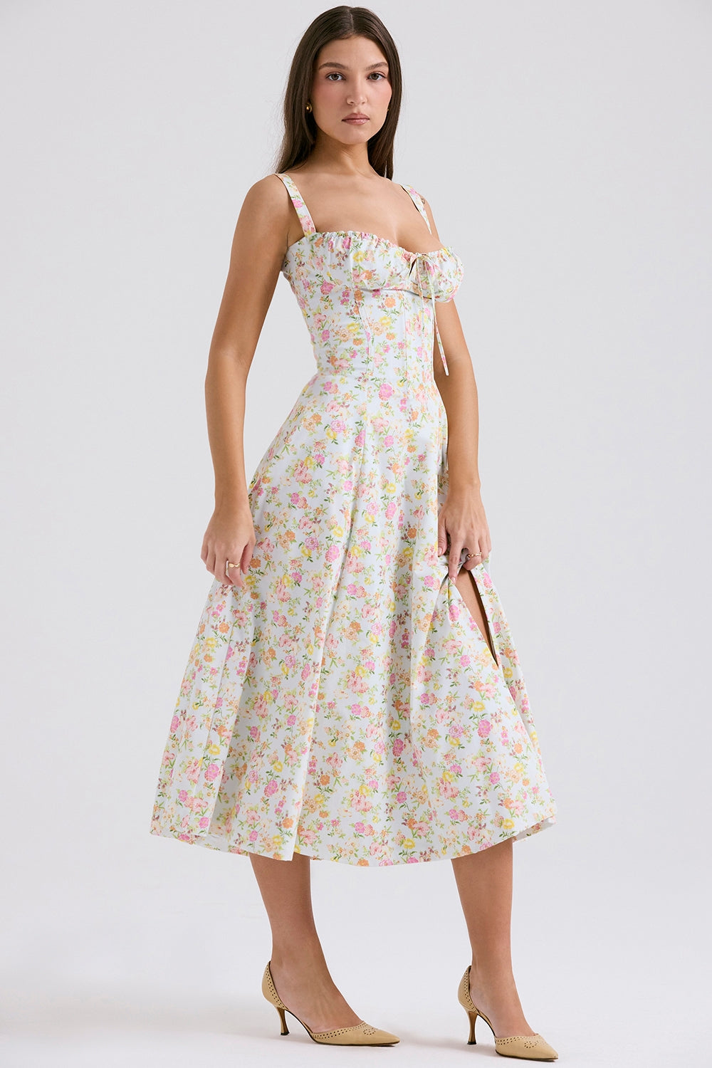 Melivya™ CARMEN PALE BLUE MEADOW PRINT COTTON BUSTIER SUNDRESS - White