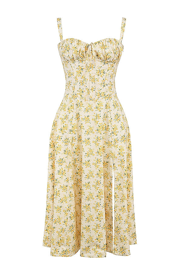 Melivya™ CARMEN BUTTERCUP VINTAGE FLORAL PRINT COTTON BUSTIER SUNDRESS