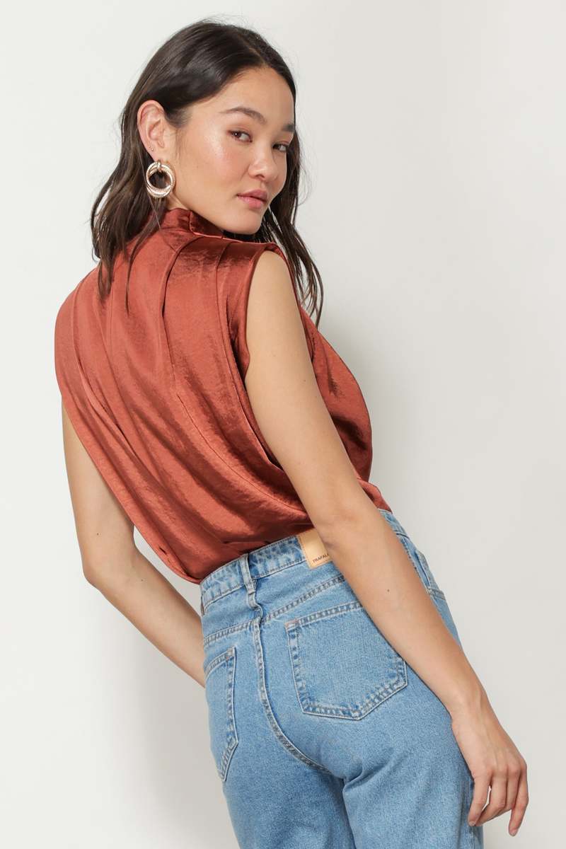 Melivya™ Mustard Satin Mock Neck Top
