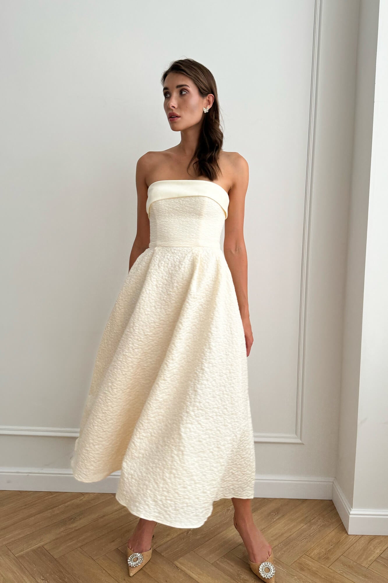 Melivya™ Jacquard Midi Dress with Satin Turn-up