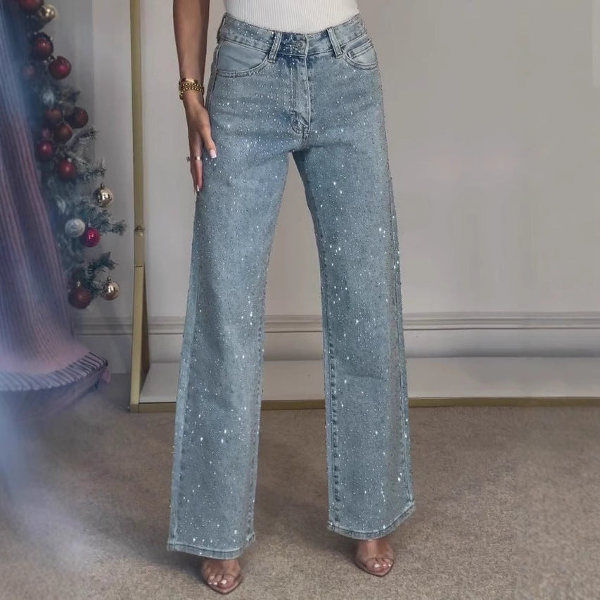 Melivya™ Rhinestone Washed Stretch Straight Jeans
