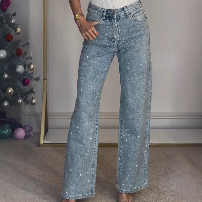 Melivya™ Rhinestone Washed Stretch Straight Jeans