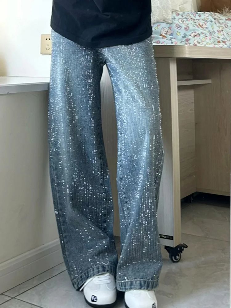 Melivya™ Rhinestone Wide Leg Jeans – Sparkle Denim