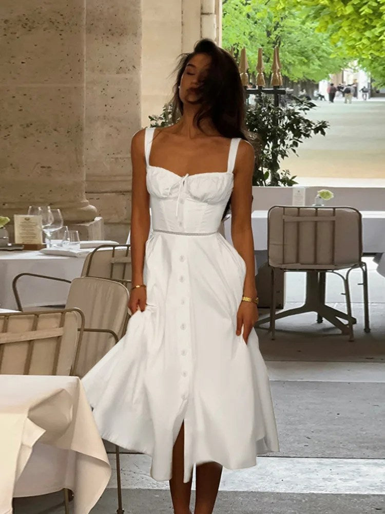 Melivya™ White A-line Elegant Sundress Midi Dress