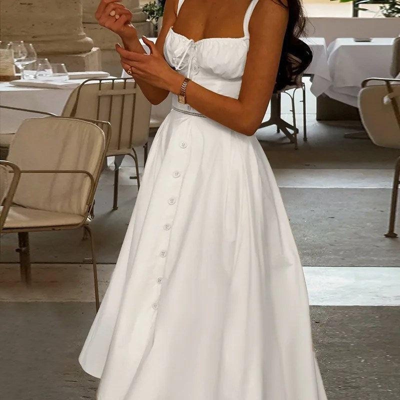 Melivya™ White A-line Elegant Sundress Midi Dress