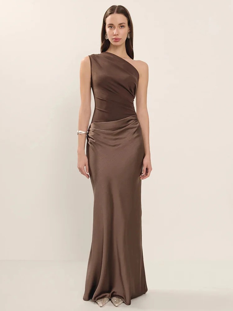 Melivya™ One Shoulder Satin Maxi Dress