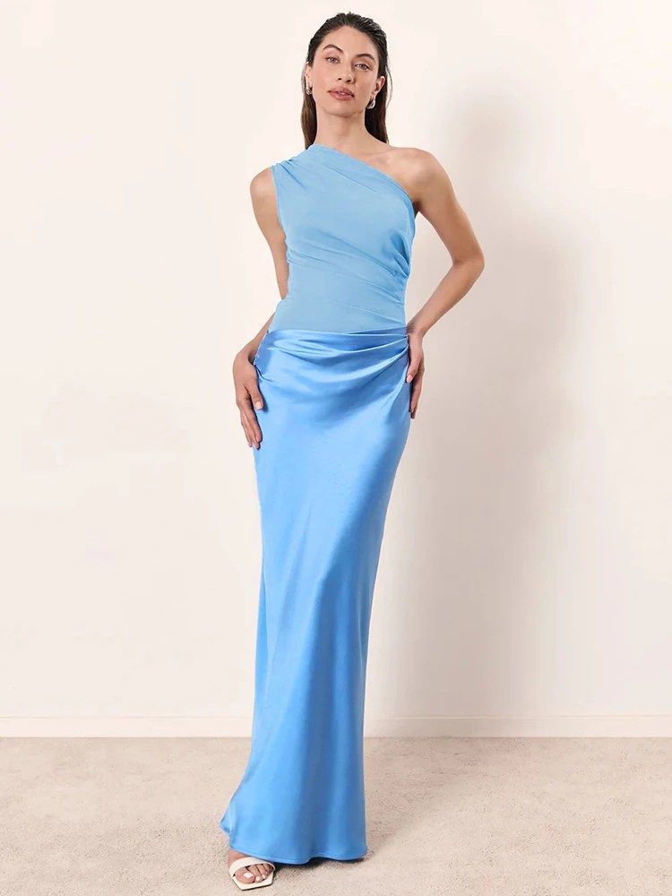 Melivya™ One Shoulder Satin Maxi Dress