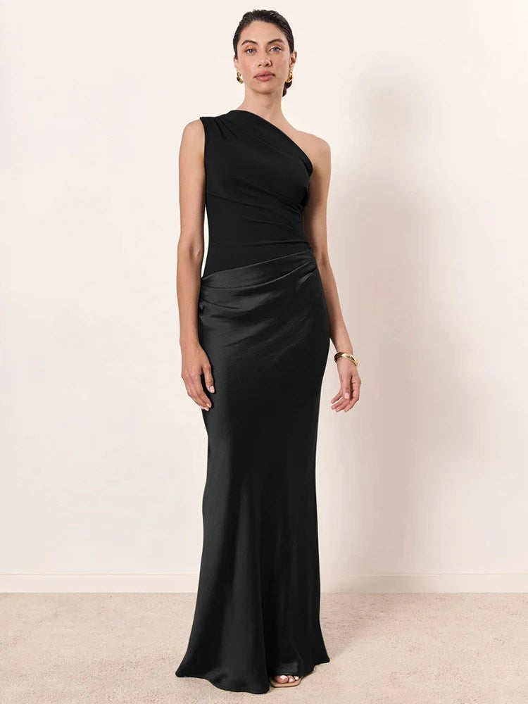 Melivya™ One Shoulder Satin Maxi Dress