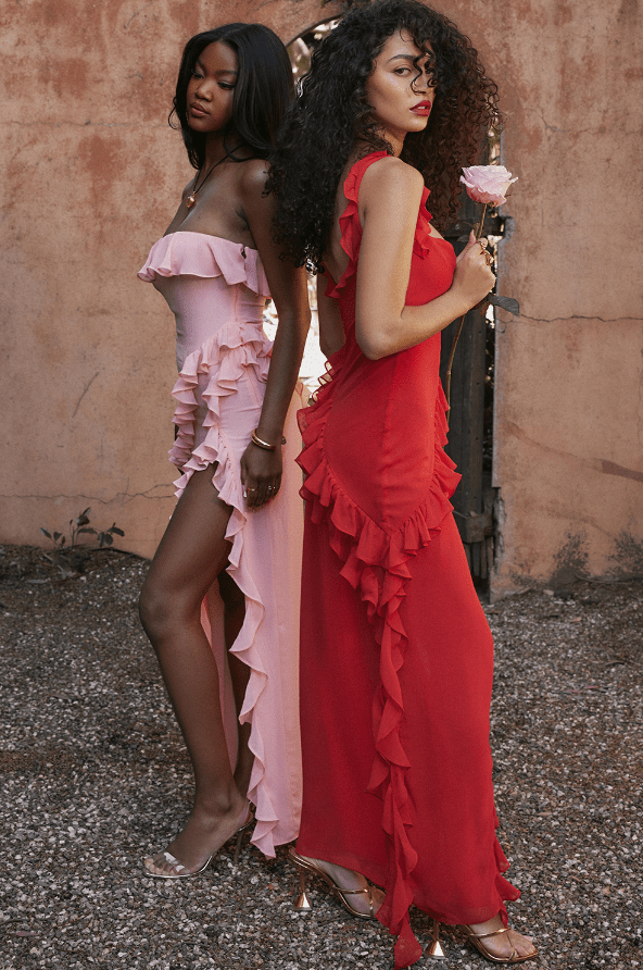 ARIELA CHERRY RUFFLE  ASYMMETRIC COCKTAIL DRESS