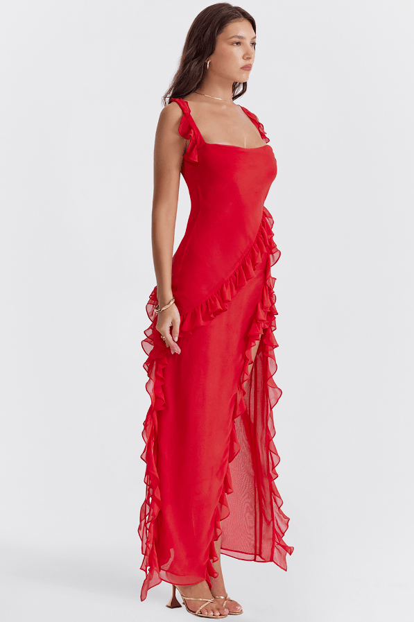 ARIELA CHERRY RUFFLE  ASYMMETRIC COCKTAIL DRESS