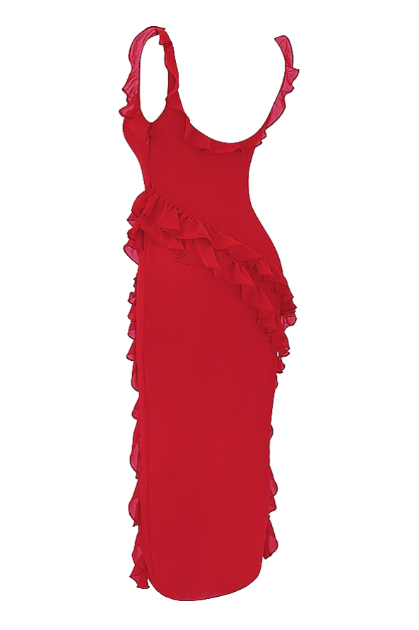 ARIELA CHERRY RUFFLE  ASYMMETRIC COCKTAIL DRESS