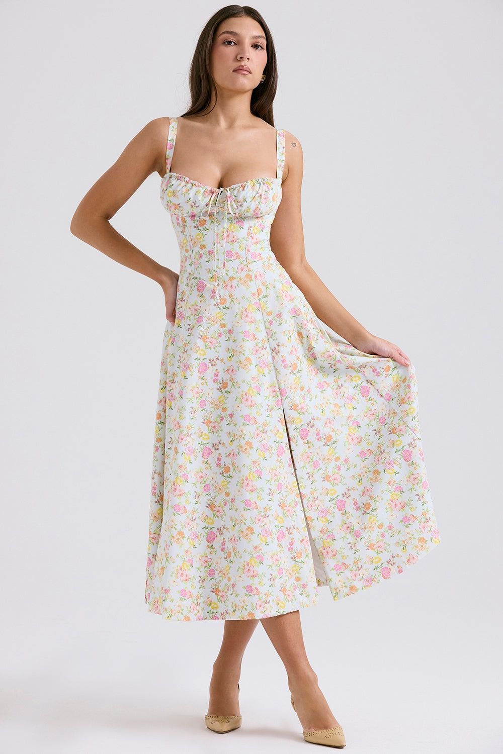 Melivya™ CARMEN PALE BLUE MEADOW PRINT COTTON BUSTIER SUNDRESS - White