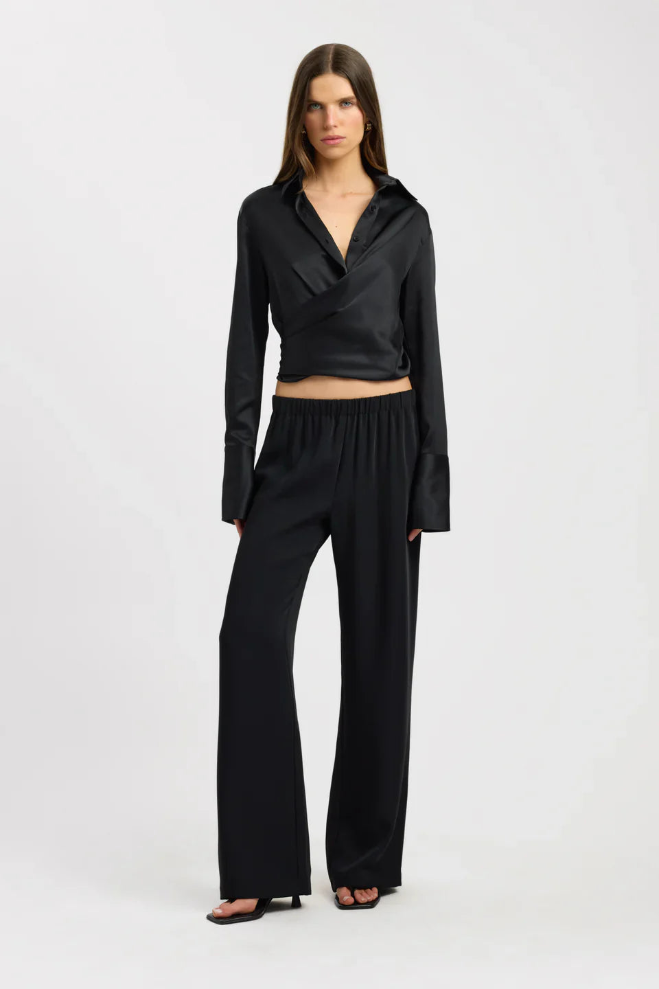 Melivya™ Noir Tie-Waist Satin Blouse